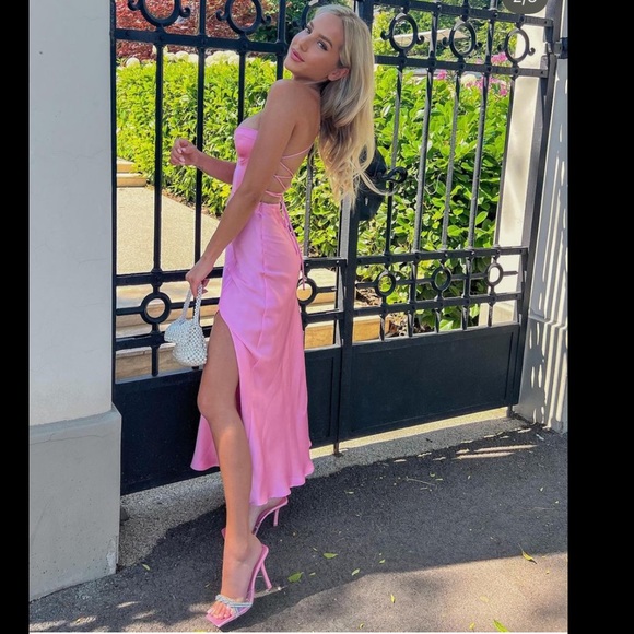 ZARA Bubblegum Pink Satin Effect Slit Strappy Back Embossed Cups Midi Dress $69. - Picture 3 of 17